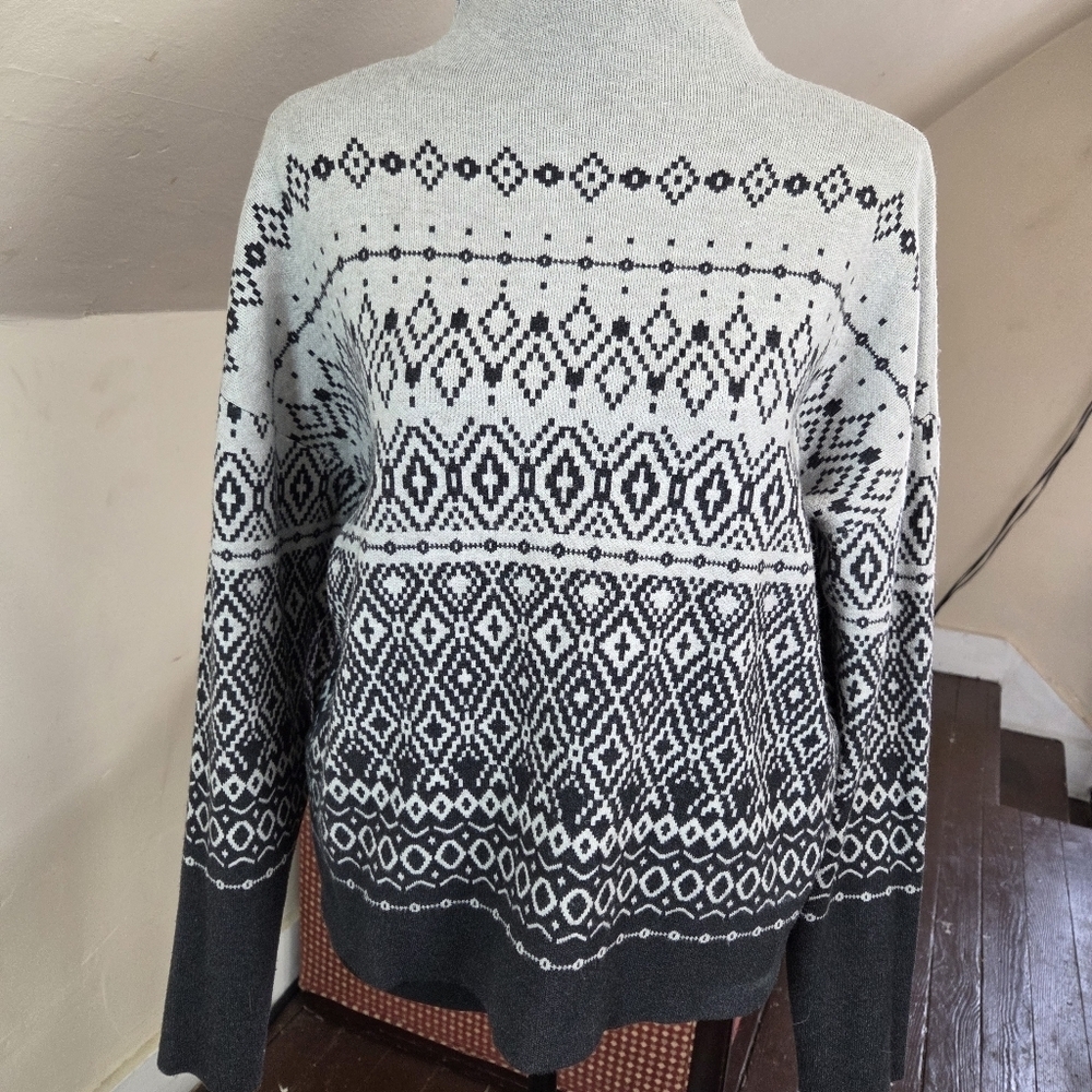 Joie Gray Black Fair Isle Sweater M Mock Neck Stretchy Knit Pullover - Picture 2 of 12